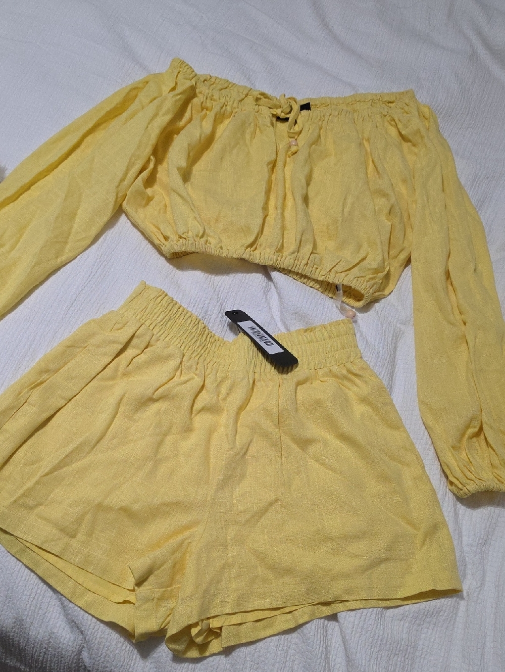 Vici Sunny Yellow Two-Piece Set - Cropped Off-Shoulder Top & Shorts